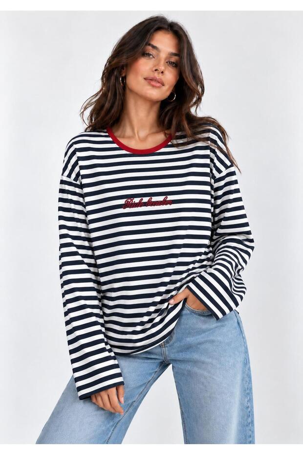 Women's Navy Blue Crew Neck Sweatshirt with Print and Stripes