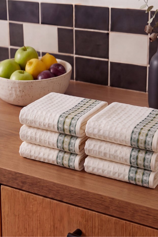 Set of 6 Waffle-Weave Kitchen and Hand Towels, Dish Towels | Highly Absorbent, Quick-Drying | 30x50 cm