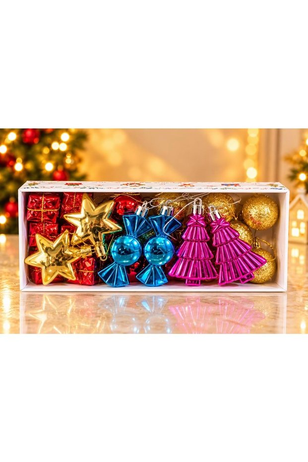Set of 24 Colorful Sugar Star and Assorted-Shaped Christmas Tree Ornaments