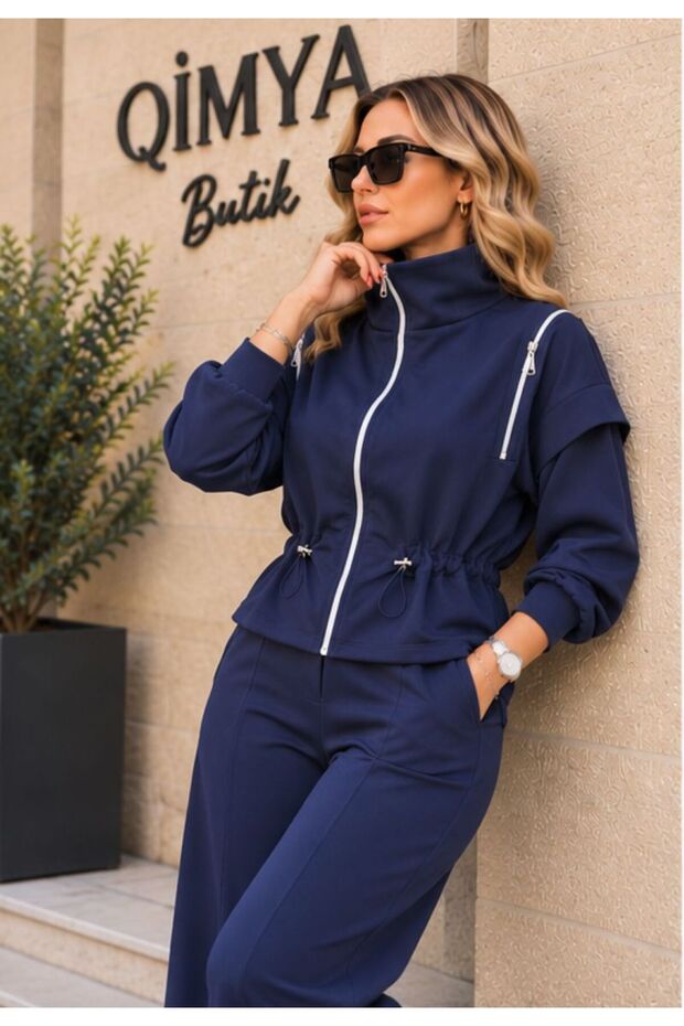 Şans Li̇fe Women's Trousers with Tunnel Waist, Shoulder Zipper Detail, Jacket and Bottom Top Two-Piece Set