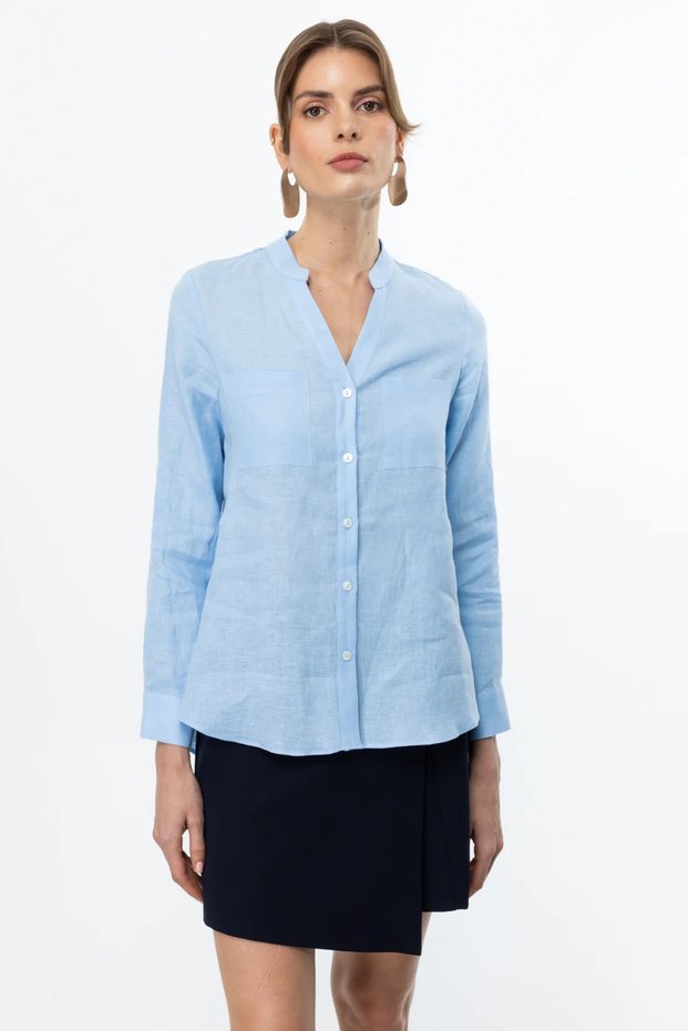 V-Neck Blue Women's Linen Shirt 03134