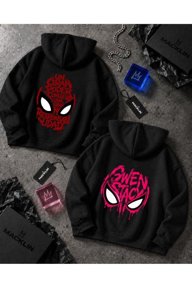 Dear Friend - Spider-Man and Gwen Mask Back-Printed Custom Design Hoodie Sweatshirt 2-Piece Set.