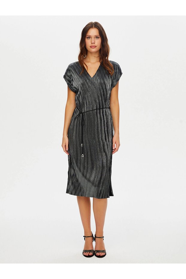 Women's V-Neck Silver Printed Pleated Black Evening Dress Uw26Aby015
