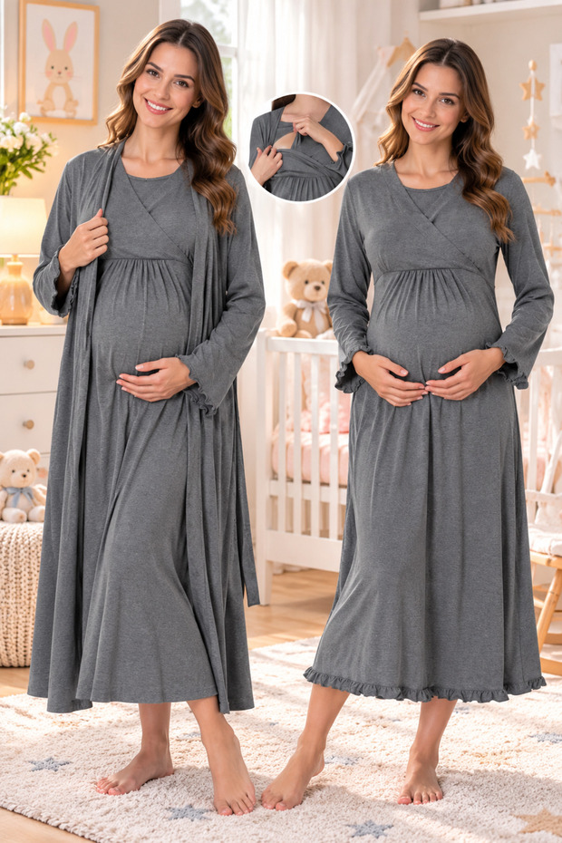 Maternity Nightgown Set with Long Sleeves and a Built-In Nursing Feature, Effortt.