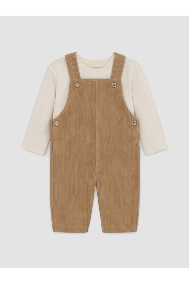 Lcw Baby Beige Velvet Baby Boy Salopet and T-Shirt Set
