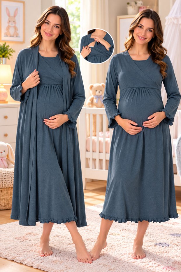 Maternity Nightgown Set with Long Sleeves and a Built-In Nursing Feature, Effortt.