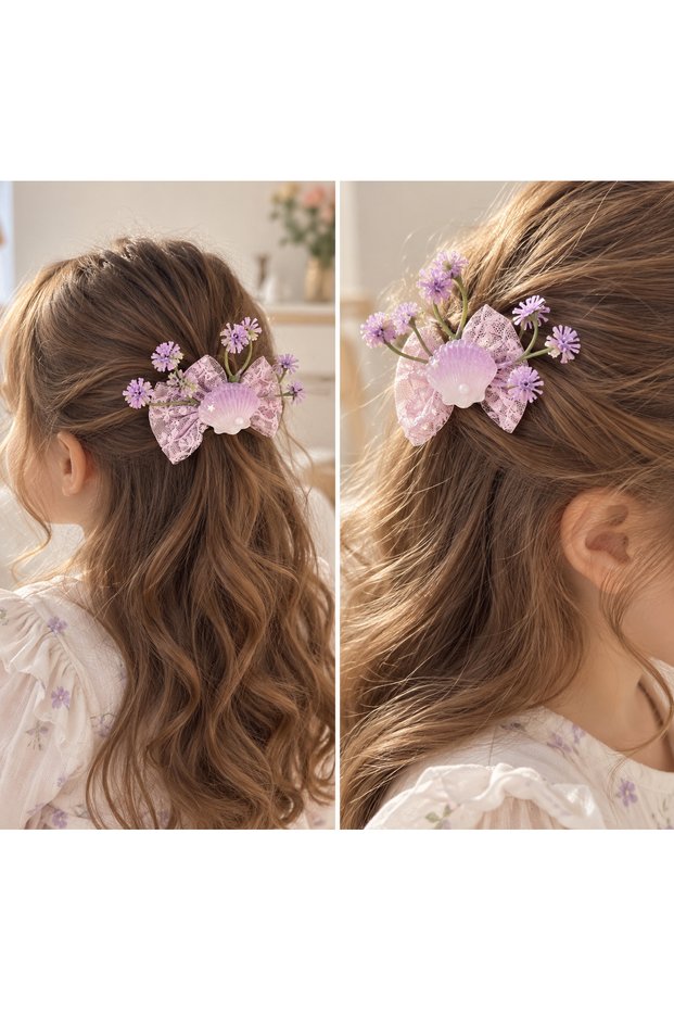 Girls' Pink Seashell and Floral Bow Hair Clip Set (2 Pieces)