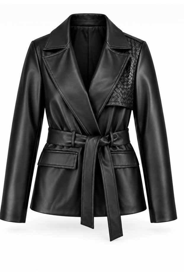 Black Leather Jacket with Shoulder Woven Detail.