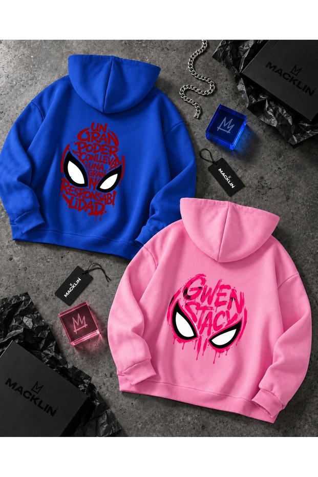 Dear Friend - Spider-Man and Gwen Mask Back-Printed Custom Design Hoodie Sweatshirt 2-Piece Set.