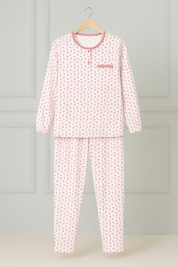 Women Mother Long Sleeve Pink Floral Pattern Cotton Combed Pajamas Set