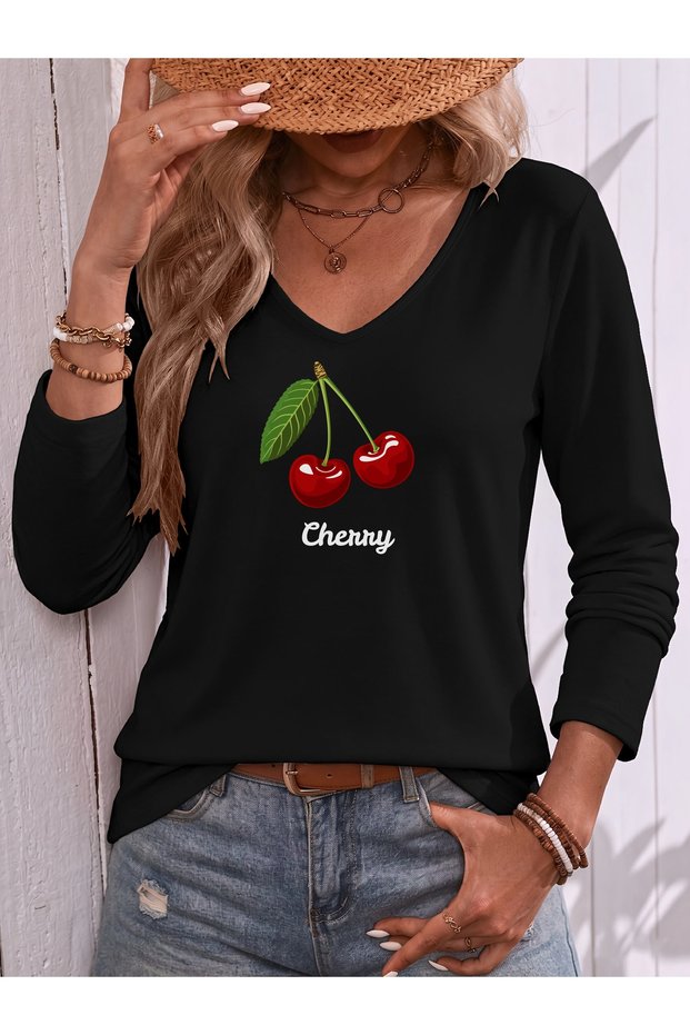 Mix Printed V-Neck Cotton Lycra Long Sleeve Regular Fit Blouse T-Shirt