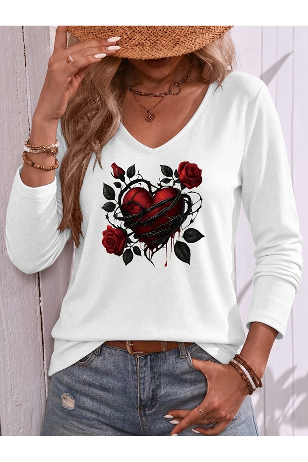 Mix Printed V-Neck Cotton Lycra Long Sleeve Regular Fit Blouse T-Shirt