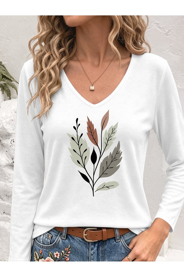 Mix Printed V-Neck Cotton Lycra Long Sleeve Regular Fit Blouse T-Shirt