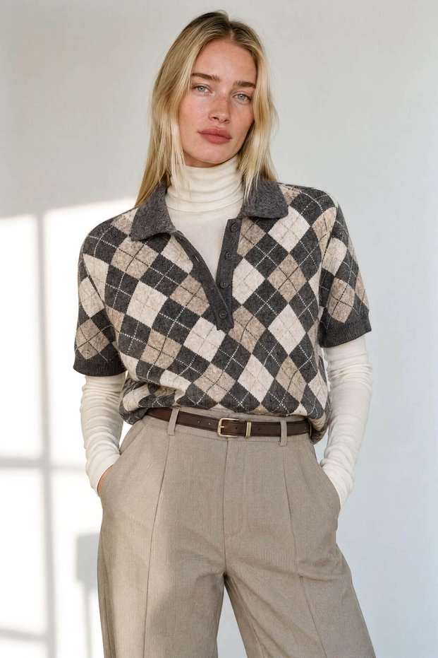 Gray Mink Patterned Polo Collar Short-Sleeved Knit Sweater
