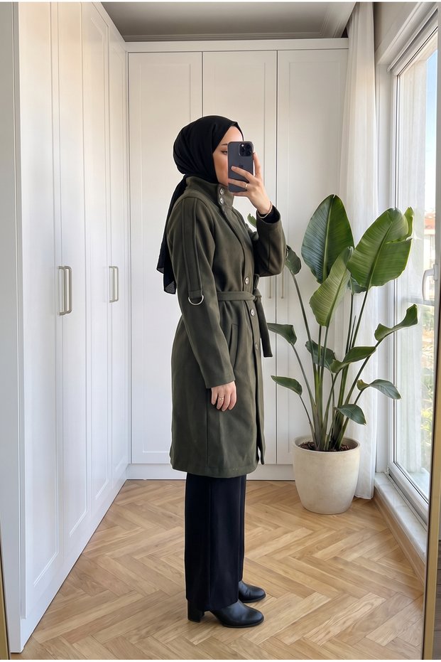 Women's Long Cashmere Coat with Stand-Up Collar, Buttoned Waist, and Belt, 98 Cm.
