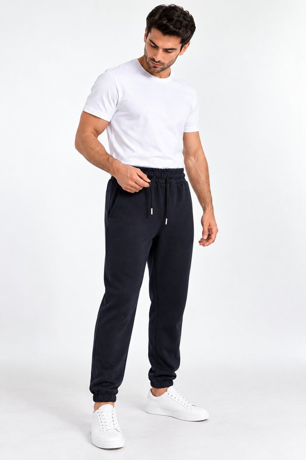 Men's Navy Blue and Black Sweatpants with Elastic Cuffs, Drawstring Waist, and Soft Fleece Lining.