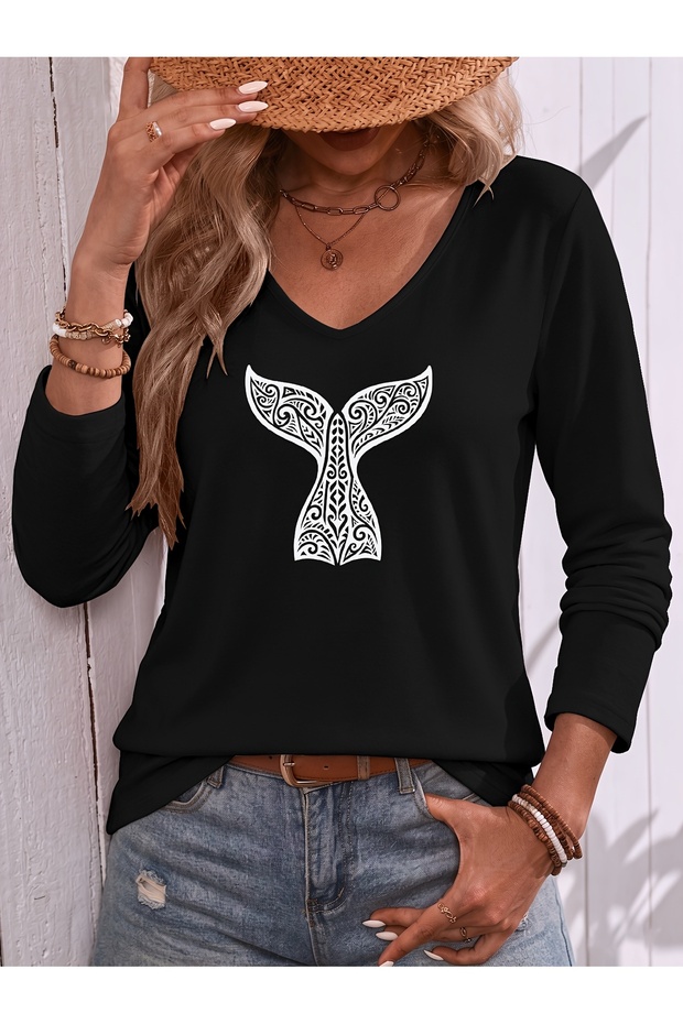 Mix Printed V-Neck Cotton Lycra Long Sleeve Regular Fit Blouse T-Shirt
