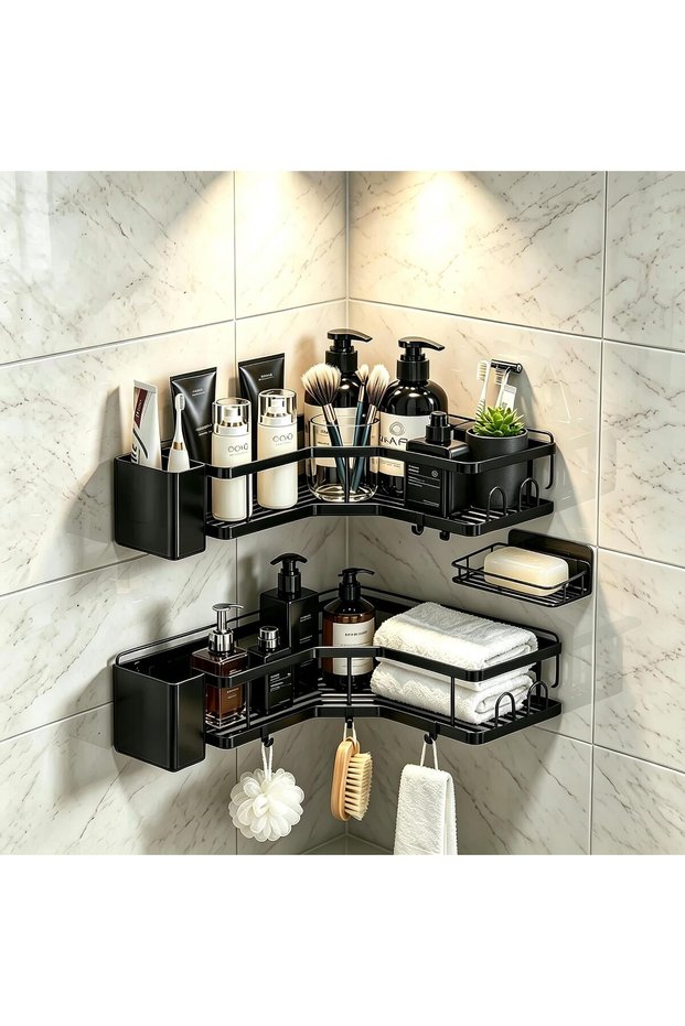 Black 2 Tier Wall Mount Corner Shower Caddy with Soap Tray Hooks