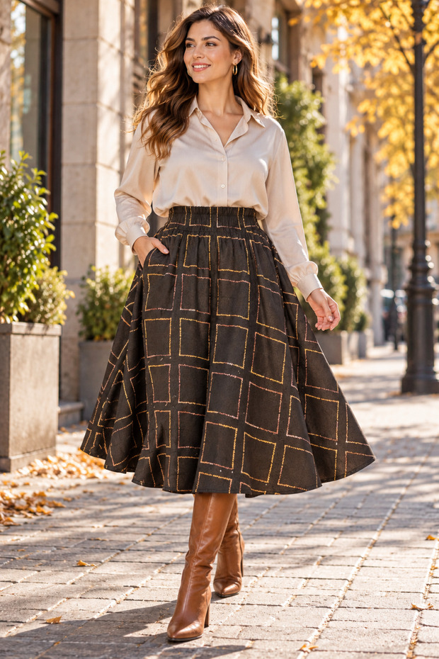 100% Wool, with a Hidden Pocket, 6 cm Elasticated Waist, 76 cm Skirt Length, Full A-Letter Skirt.