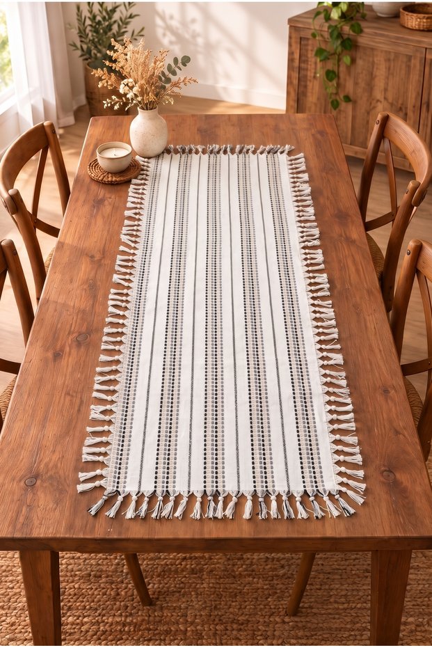 Cream-Colored, Black, Gray, and Beige Striped Modern Scandinavian Bohemian Textured Premium Tassel Runner and Console Table Cover, 58X116 Cm.