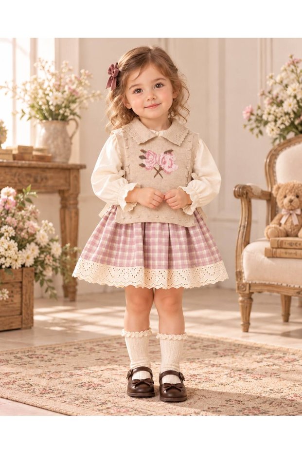 Knit Vest Plaid Ruffled Fishtail Detail Baby Girl Dress