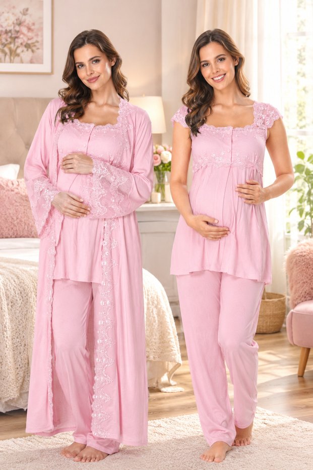 Effortt Maternity Pajama Set with Robe, Nursing Features, and Adjustable Design.