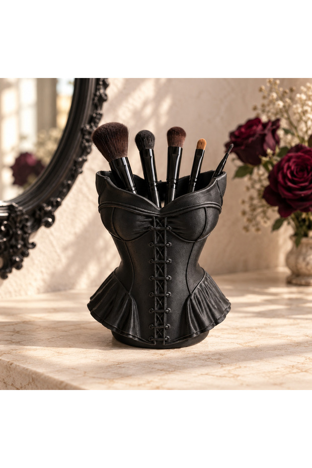 Gothic Corset-Designed Black Makeup Brush Holder and Desktop Organizer.