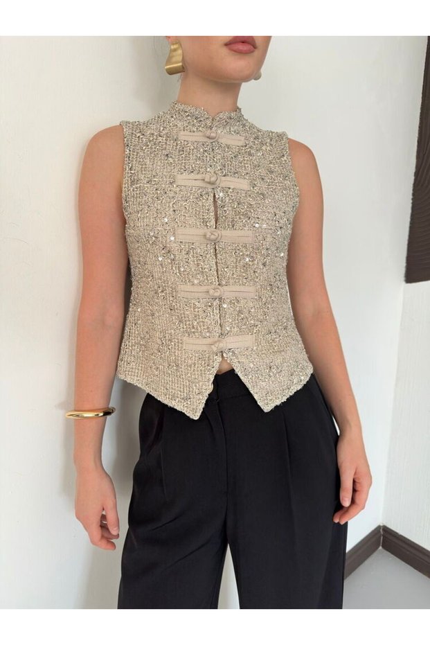 Chinese Button Sequin Vest