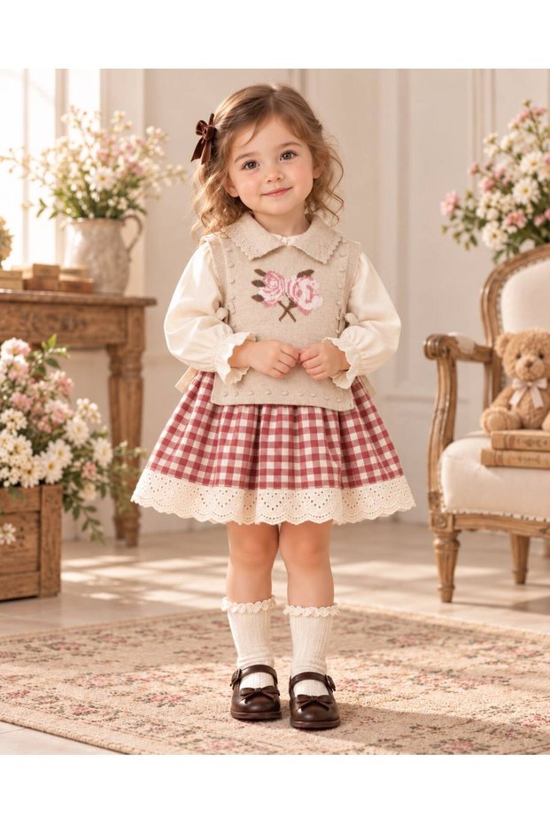 Knit Vest Plaid Fishtail Detailed Baby Girl Dress