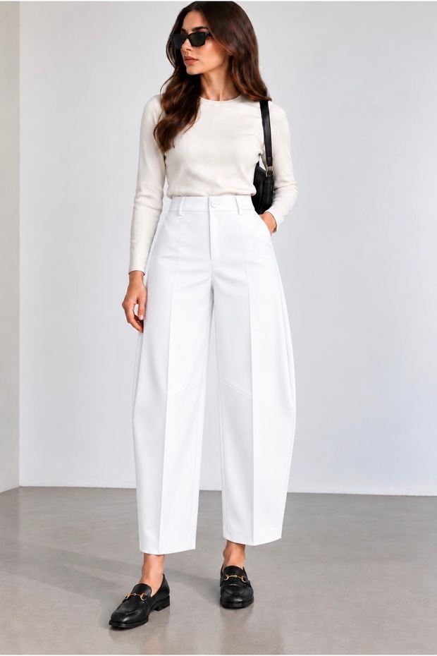 Women's Pants Barrel Pants Cloutte Pants High Stylish Boyfriend Wide Leg White Fabric Pants