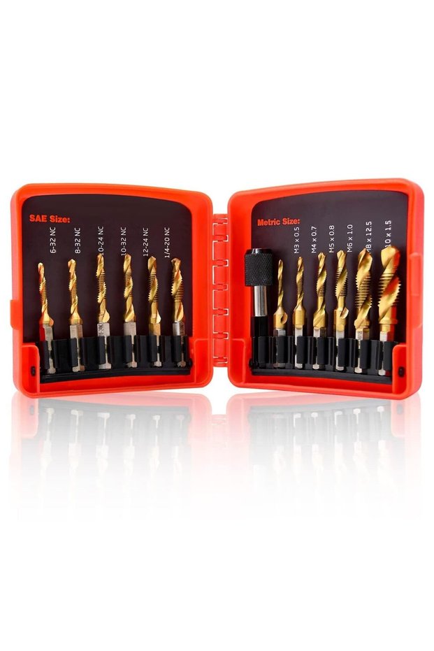 Titanium Combination Drill and Tap Bits Set, 13pcs SAE/Metric With Quick Change Adapter, 3-in-1 Bits