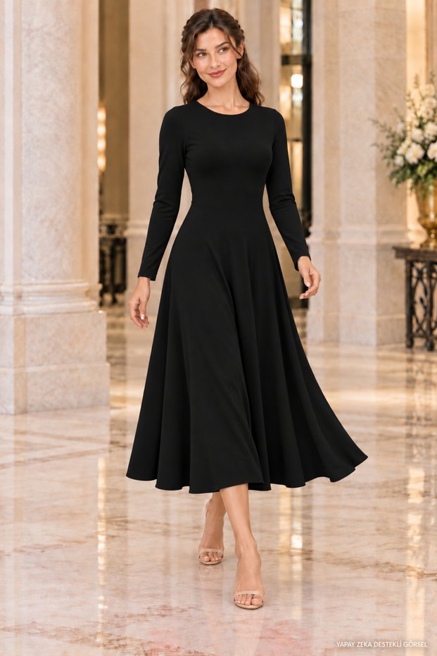 Women's Long-Sleeved, Round-Neck Viscose Two-Thread Long Dress – Casual, Stylish, and Comfortable Design.