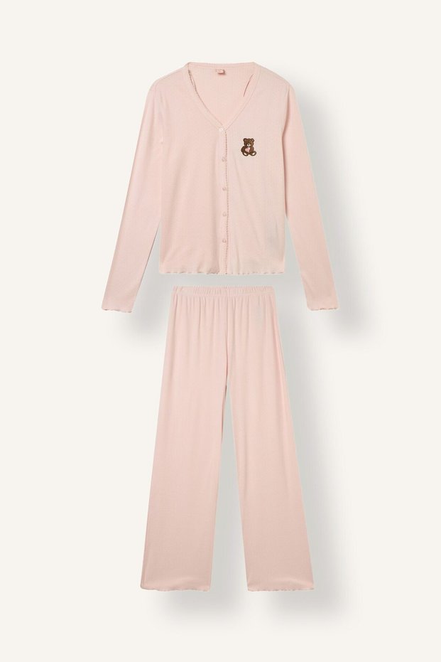 Regular Fit V-Neck Button-Down Embroidered Long-Sleeve 2-Piece Pajama Set I6141Ax26Au