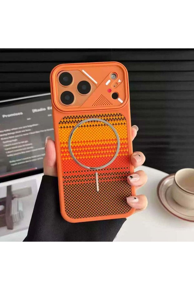 Orange Kipta Carbon Fiber-Look Case with M-Safe Feature, Compatible with Apple iPhone 15 Pro Max.