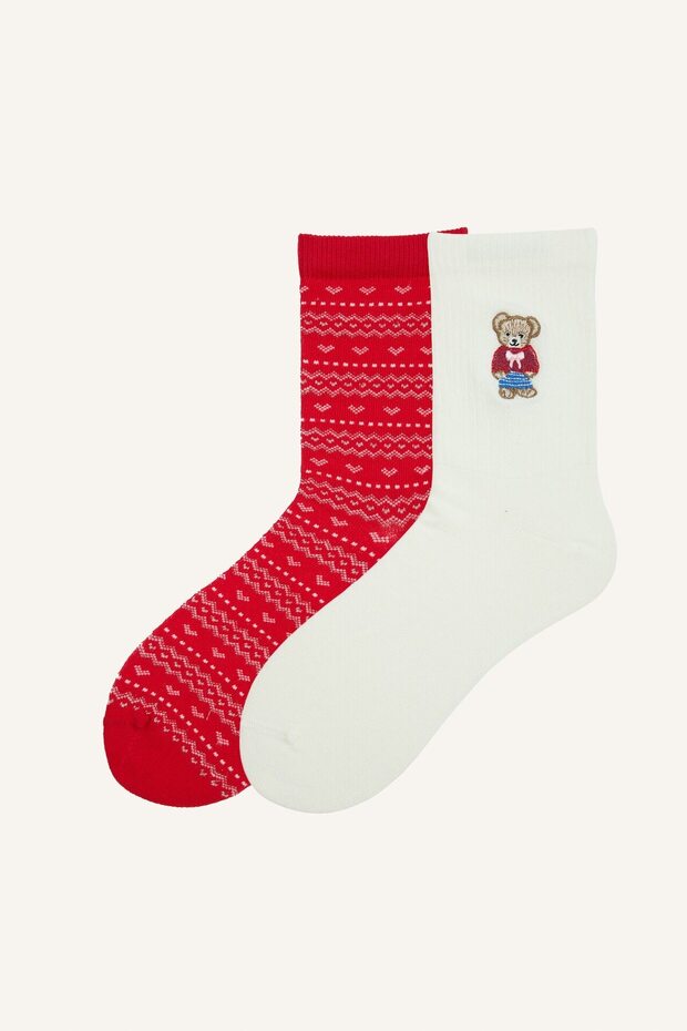 Women's Christmas-Themed Teddy Bear Patterned 2-Pair Cotton Long Socks J1920Axns