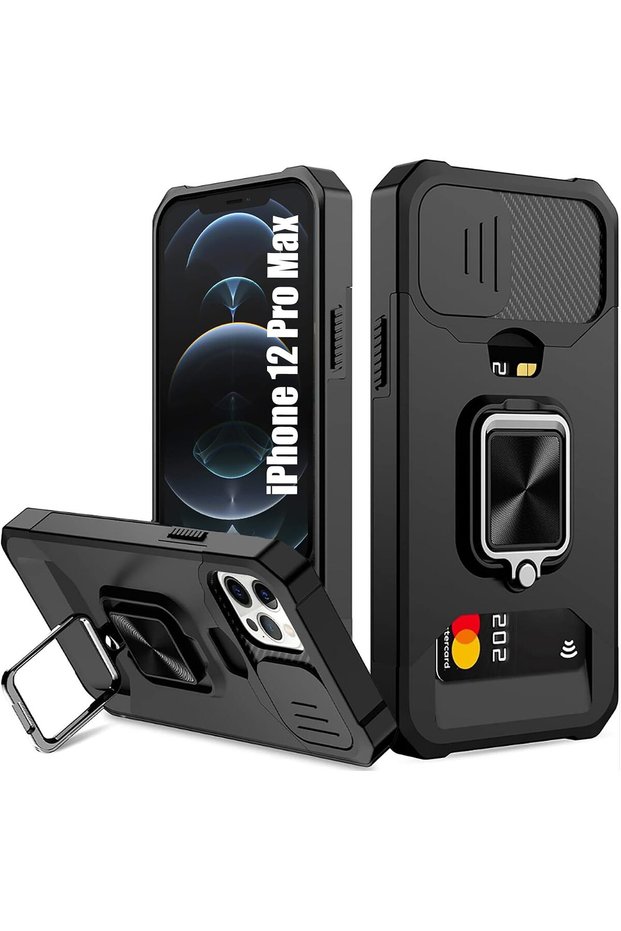 غطاء لهاتف iPhone 12 Pro Max مع حامل للبطاقات، باللون الأسود.