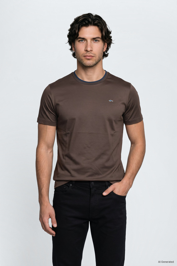 Men's Regular Fit Round Neck Stretchy Breathable Cotton Short Sleeve with Metallic Logo Detail, Brown.