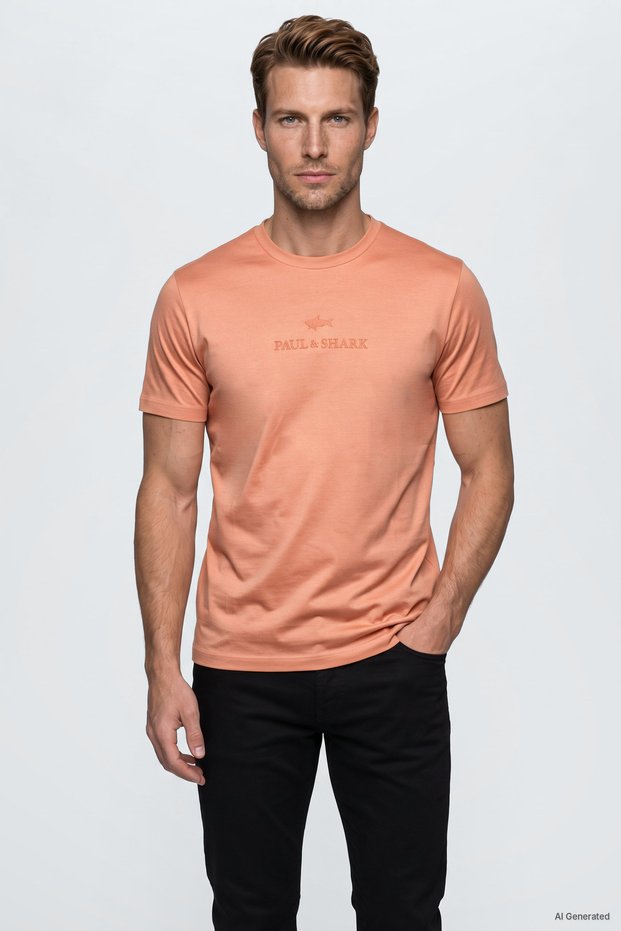 Men's Regular Fit Logo Embroidered Round Neck Cotton Short Sleeve Orange T-Shirt