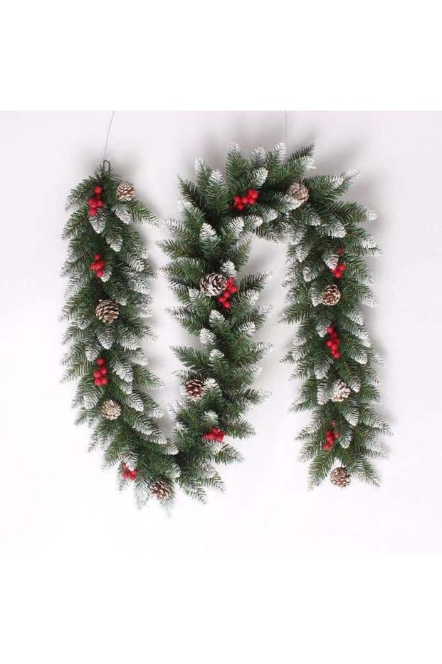 2.7m (9FT) Snow Flocked Christmas Garland, Flame Retardant Artificial PVC Pine Branches, Natural & Snowy Pine Cones with Red Berries, Unlit DIY Garland for Fireplace Stair Door Frame Holiday Decor