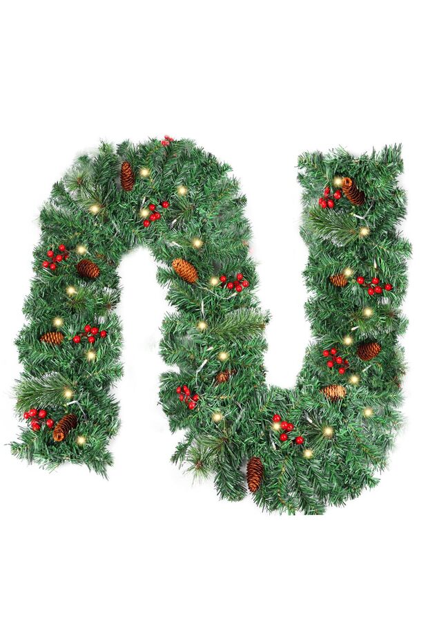 2.7m 9FT Green Christmas Garland with 50 Warm White LED Lights, 8 Lighting Modes, Red Berries & Pine Cones, Bendable Garland for Fireplace Stair Door Frame Decor
