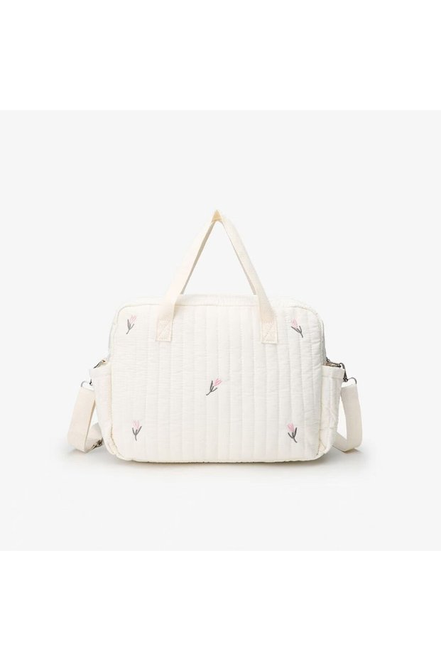 Beige Floral Nylon Crossbody Chic Bear & Tulip Embroidered Diaper Bag with Stroller Clip for Youngst