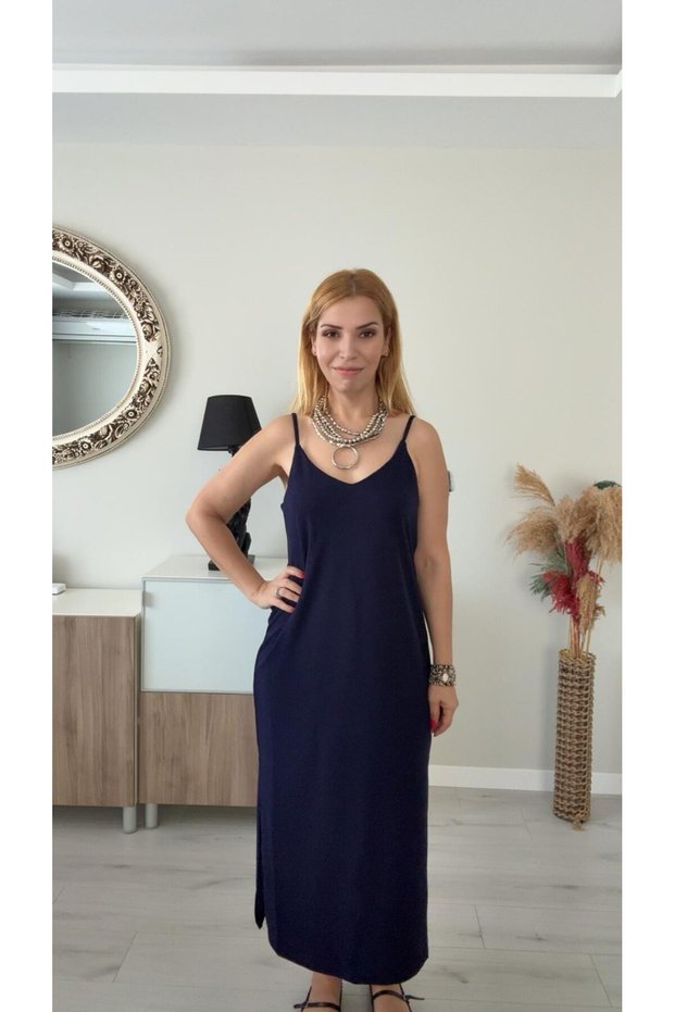Askılı Krep Elbise Lacivert
