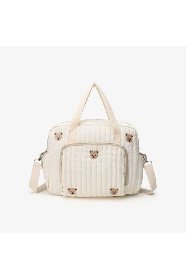 Beige Bear Nylon Crossbody Chic Bear & Tulip Embroidered Diaper Bag with Stroller Clip for Youngster