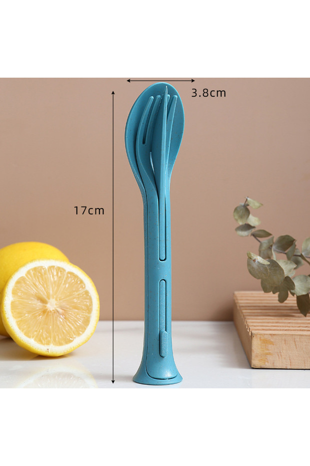Dark green 3Pcs Portable Tableware Set Wheat Straw Dinnerware Detachable Cutlery Travel Tableware Pi