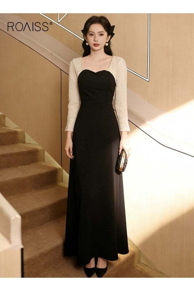 Women A Line Dress with Back Zipper, Three Quarter Sleeve Dress with Sequins, Cinched Waist Maxi For