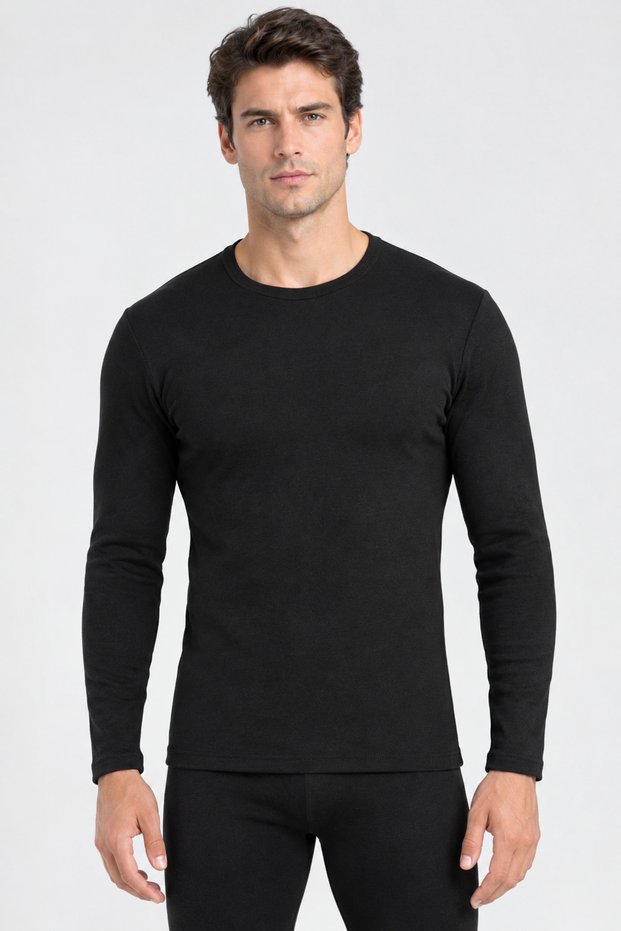 Men's Black Thermal Underwear Top, Long Sleeve, Crew Neck, Cotton, Brushed, Warm, Winter Underwear, Flexible, Comfortable Fit, for Everyday Use.