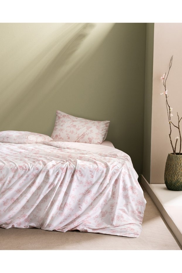Tiny King Size 100% Cotton Ranforce Printed Fitted Sheet Set - Powder Pink