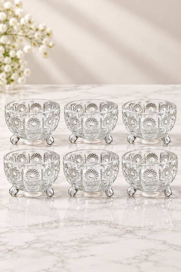 Set of 6 Glass Snack Bowls – Glass Bowls with a Patterned Base, Nut Bowls, Candy Bowls, and Serving Plates.