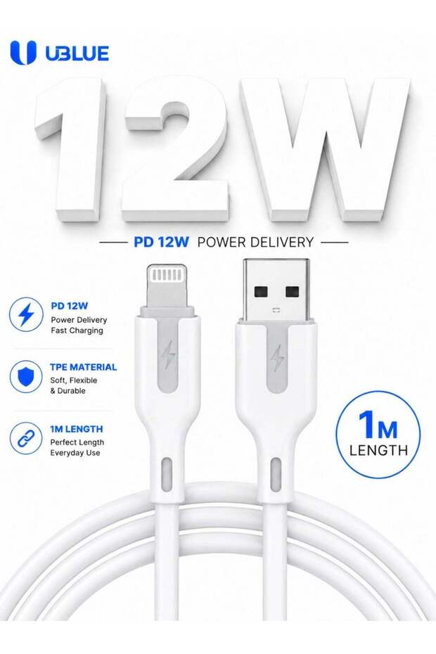 كابل USB-A إلى Lightning، مصنوع من مادة TPE، طول 1 متر، للشحن ومزامنة البيانات، باللون الأبيض، متوافق مع هواتف iPhone 12/13/14.