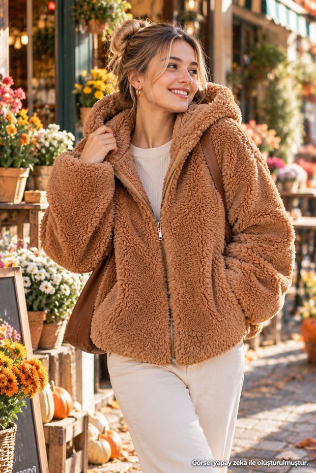 Women's Hooded Plush Jacket, Zippered, Soft-Touch Teddy Coat.